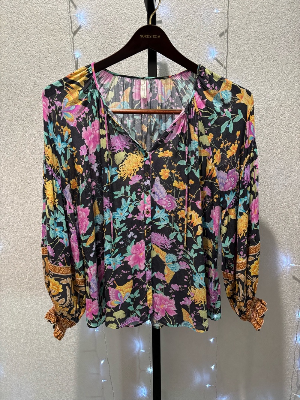 Spell and the Gypsy Black Floral V-Neck Blouse with Pink, Yellow & Teal Blooms